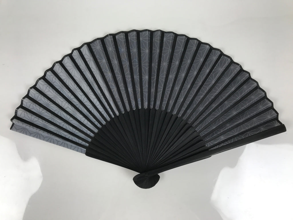 Japanese Fabric Folding Fan Vtg Sensu Bamboo Frame Black Asanoha Pattern 5D81-AD - Fan-chidorivintage.com