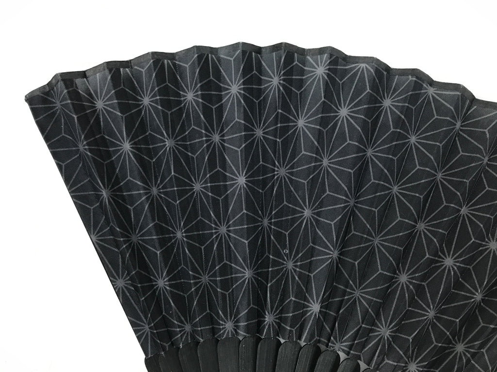 Japanese Fabric Folding Fan Vtg Sensu Bamboo Frame Black Asanoha Pattern 5D81-AD - Fan-chidorivintage.com