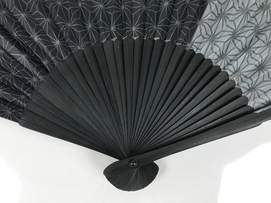 Japanese Fabric Folding Fan Vtg Sensu Bamboo Frame Black Asanoha Pattern 5D81-AD - Fan-chidorivintage.com