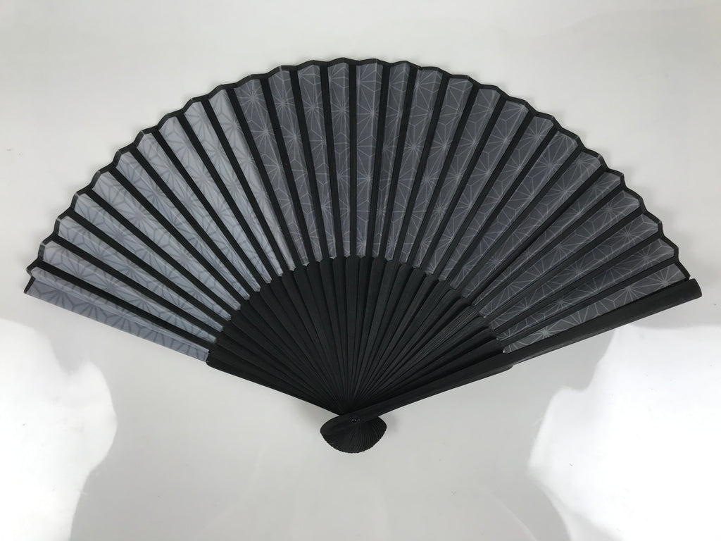 Japanese Fabric Folding Fan Vtg Sensu Bamboo Frame Black Asanoha Pattern 5D81-AD - Fan-chidorivintage.com