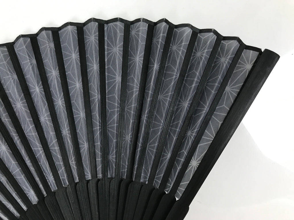 Japanese Fabric Folding Fan Vtg Sensu Bamboo Frame Black Asanoha Pattern 5D81-AD - Fan-chidorivintage.com