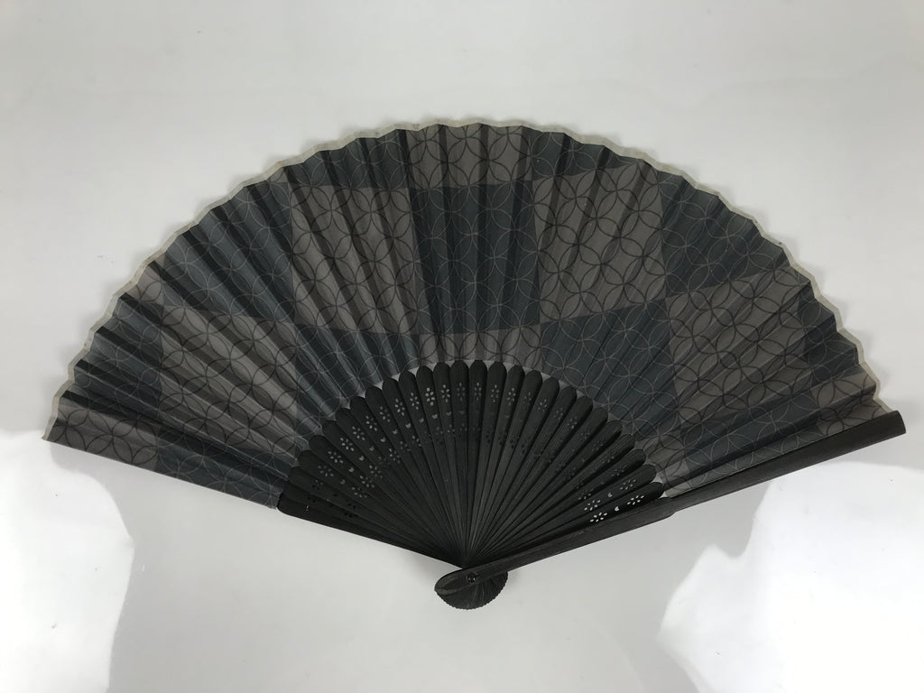 Japanese Fabric Folding Fan Vtg Sensu Bamboo Frame Black Shippo Pattern 5D82-AD - Fan-chidorivintage.com