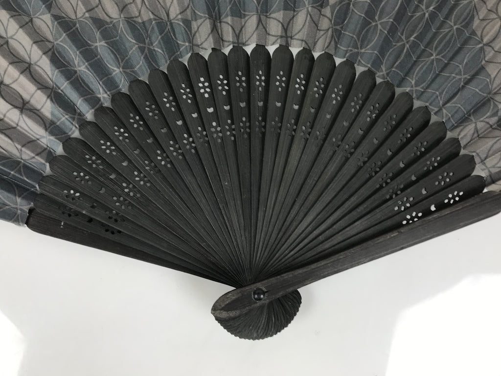 Japanese Fabric Folding Fan Vtg Sensu Bamboo Frame Black Shippo Pattern 5D82-AD - Fan-chidorivintage.com