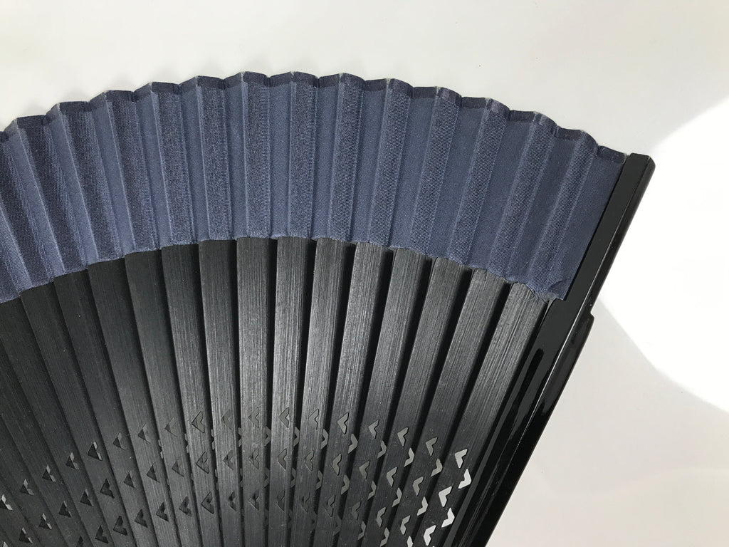 Japanese Fabric Folding Fan Vtg Sensu Lacquered Black Bamboo Frame Blue 5D83-AD - Fan-chidorivintage.com