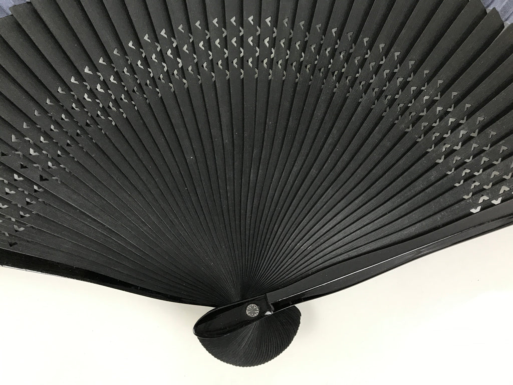 Japanese Fabric Folding Fan Vtg Sensu Lacquered Black Bamboo Frame Blue 5D83-AD - Fan-chidorivintage.com
