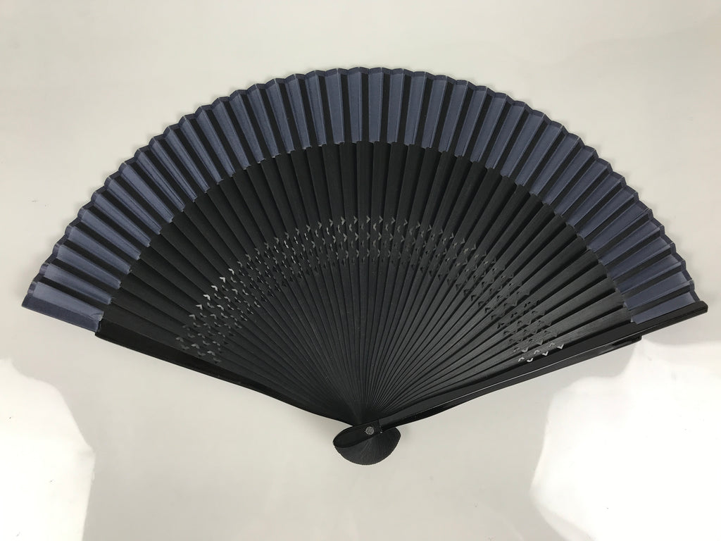 Japanese Fabric Folding Fan Vtg Sensu Lacquered Black Bamboo Frame Blue 5D83-AD - Fan-chidorivintage.com
