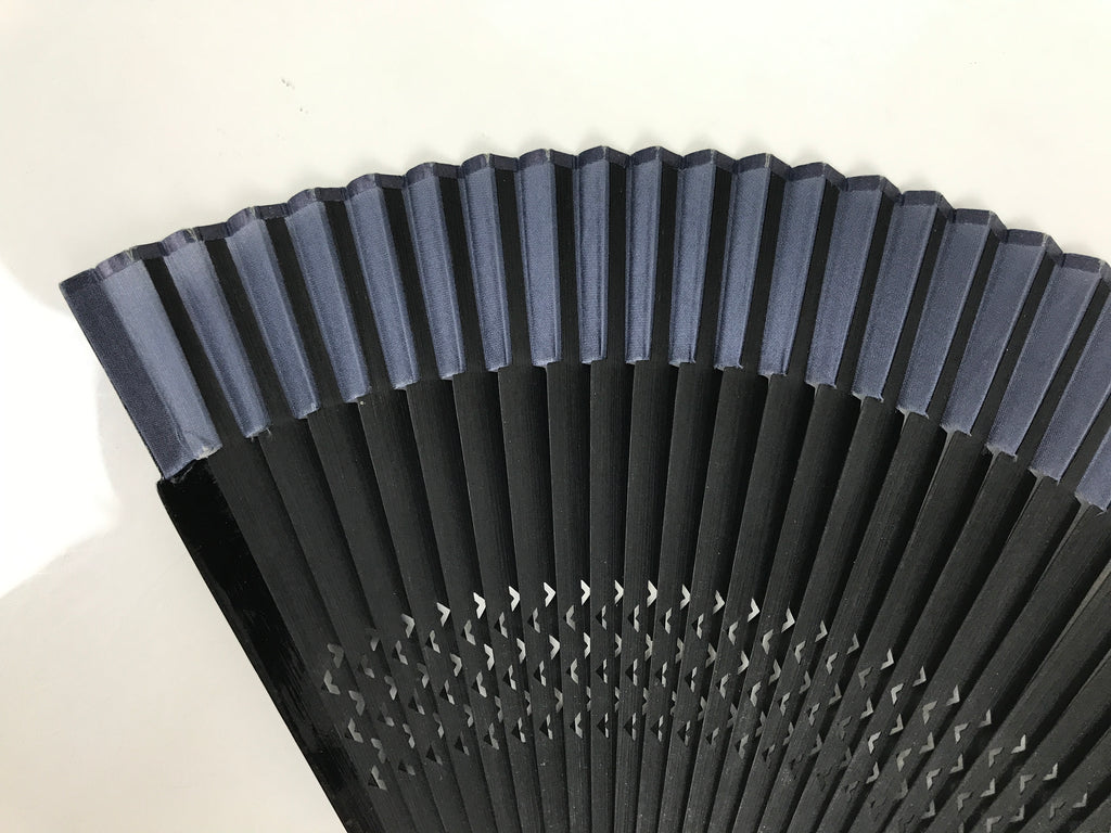 Japanese Fabric Folding Fan Vtg Sensu Lacquered Black Bamboo Frame Blue 5D83-AD - Fan-chidorivintage.com
