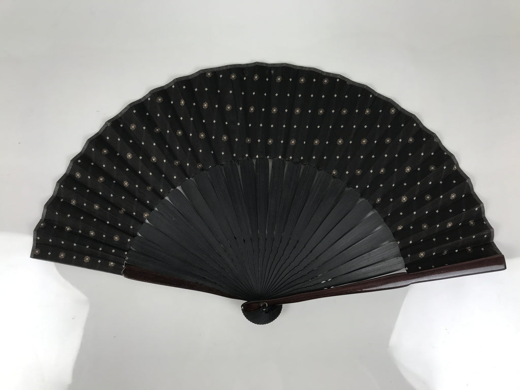 Japanese Fabric Folding Fan Vtg Sensu Bamboo Frame Black Gold Floral Design 5D87-AD - Fan-chidorivintage.com