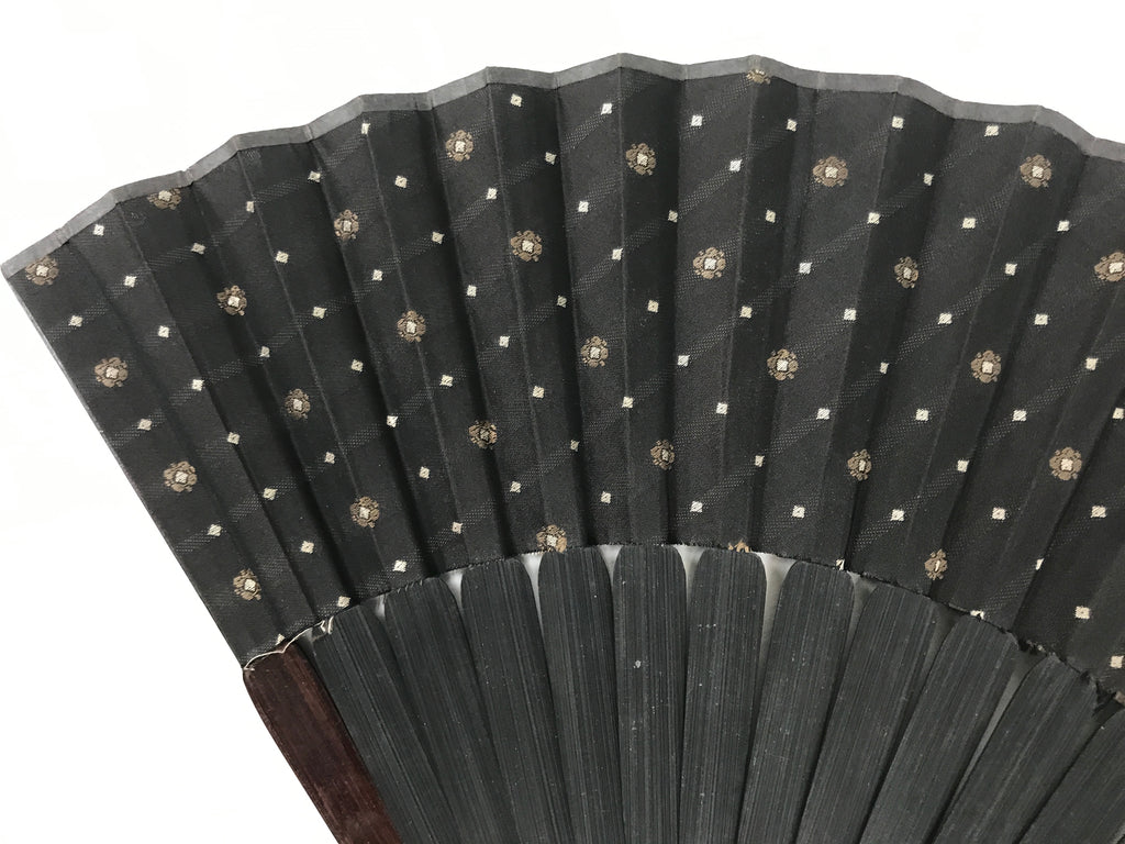 Japanese Fabric Folding Fan Vtg Sensu Bamboo Frame Black Gold Floral Design 5D87-AD - Fan-chidorivintage.com