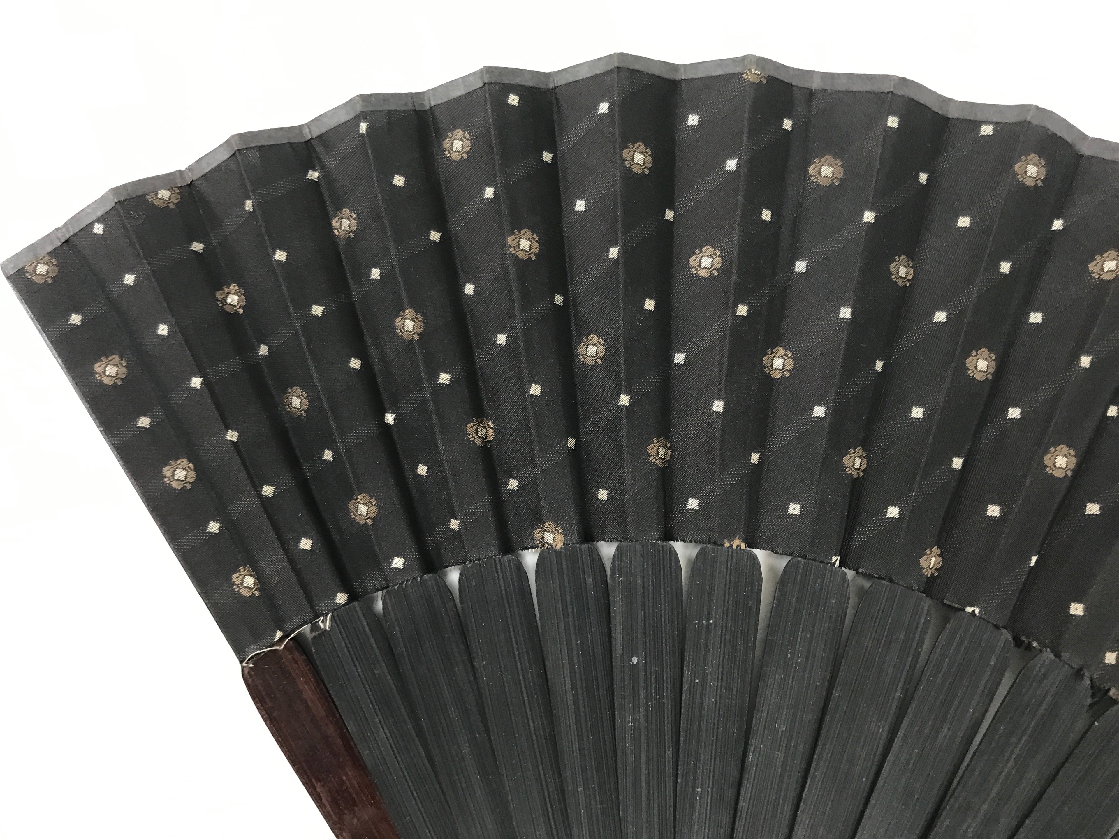 Japanese Fabric Folding Fan Vtg Sensu Bamboo Frame Black Gold Floral Design 5D87-AD - Fan-chidorivintage.com