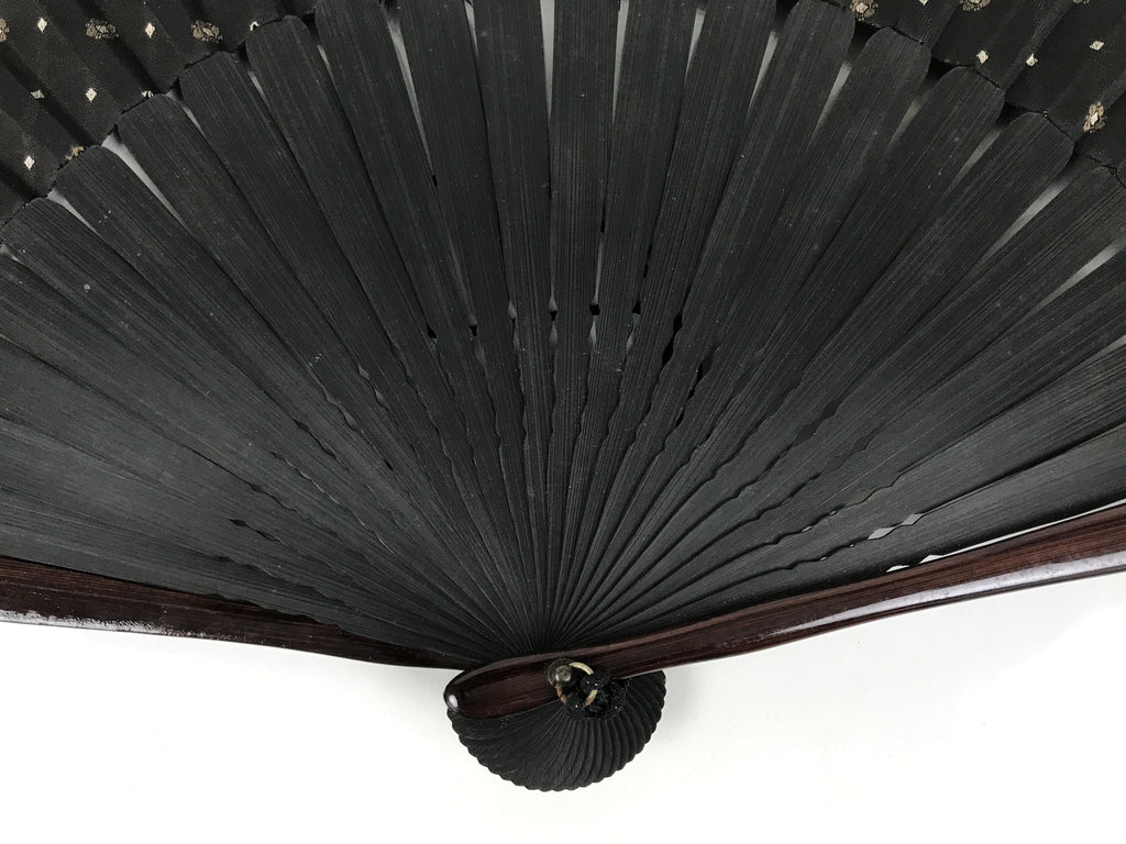 Japanese Fabric Folding Fan Vtg Sensu Bamboo Frame Black Gold Floral Design 5D87-AD - Fan-chidorivintage.com