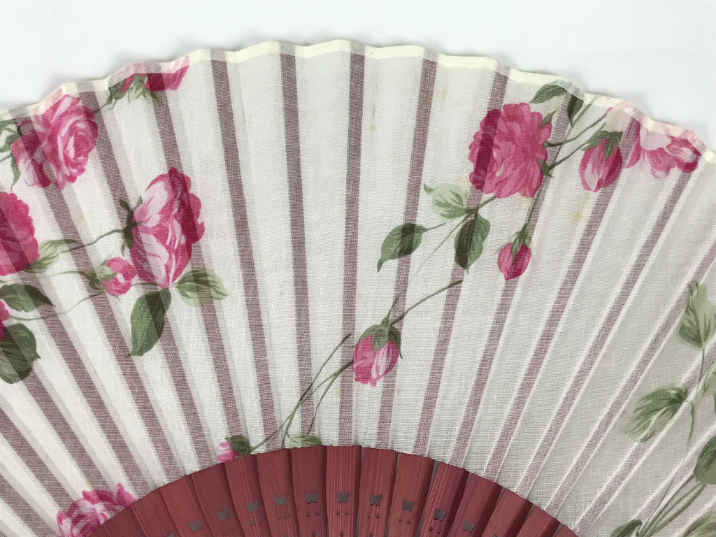 Japanese Fabric Folding Fan Vtg Sensu Bamboo Frame Hanae Mori Pink Rose 5D89-AD - Fan-chidorivintage.com