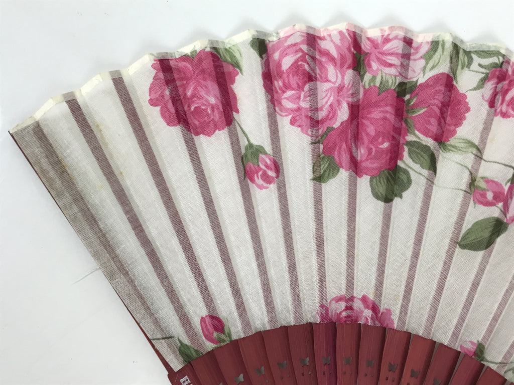 Japanese Fabric Folding Fan Vtg Sensu Bamboo Frame Hanae Mori Pink Rose 5D89-AD - Fan-chidorivintage.com
