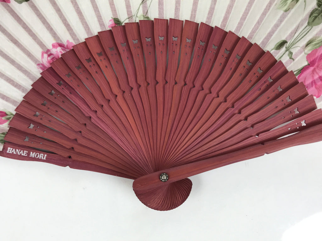 Japanese Fabric Folding Fan Vtg Sensu Bamboo Frame Hanae Mori Pink Rose 5D89-AD - Fan-chidorivintage.com
