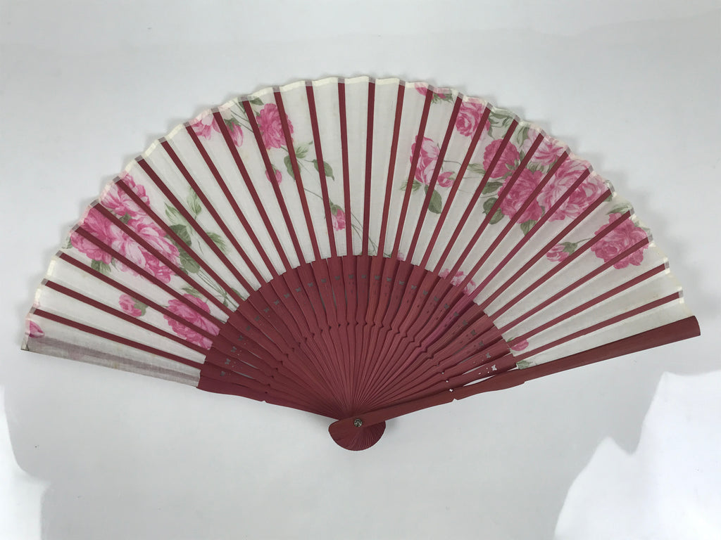 Japanese Fabric Folding Fan Vtg Sensu Bamboo Frame Hanae Mori Pink Rose 5D89-AD - Fan-chidorivintage.com