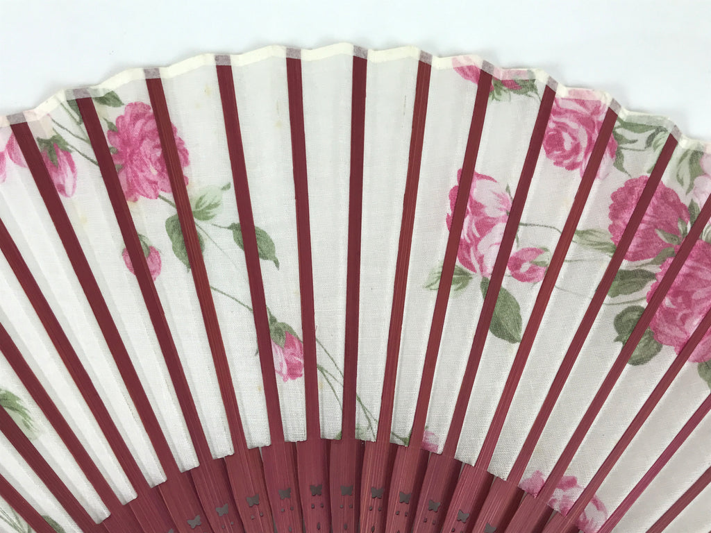 Japanese Fabric Folding Fan Vtg Sensu Bamboo Frame Hanae Mori Pink Rose 5D89-AD - Fan-chidorivintage.com