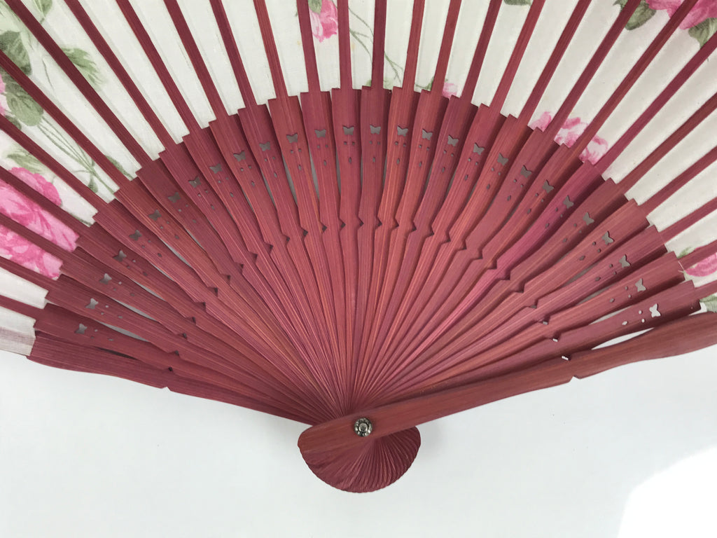 Japanese Fabric Folding Fan Vtg Sensu Bamboo Frame Hanae Mori Pink Rose 5D89-AD - Fan-chidorivintage.com