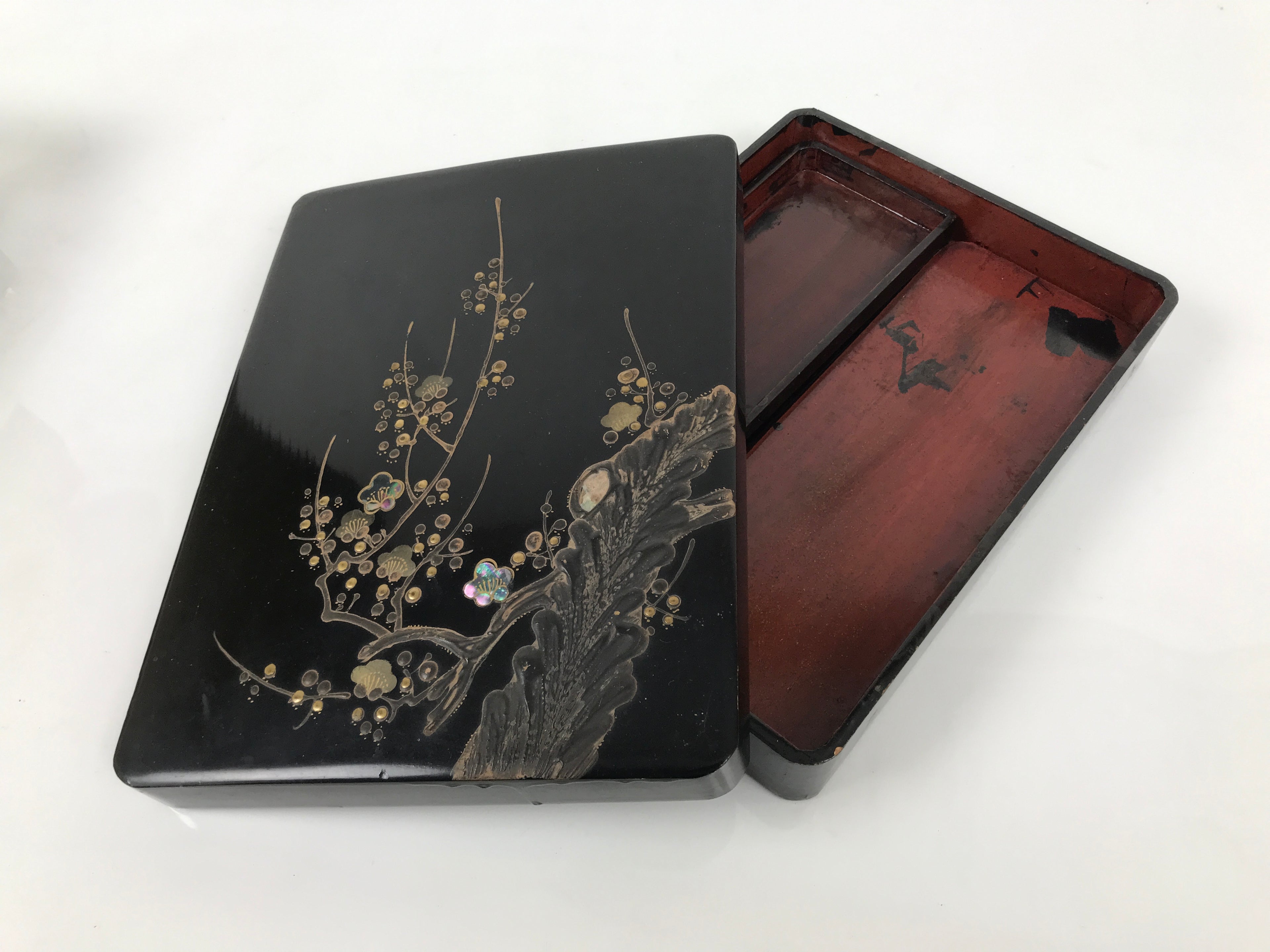 Antique Japanese Lacquer Wooden Calligraphy Tool Box Suzuribako Shodo Shuji C47-AD - Calligraphy Tool-chidorivintage.com