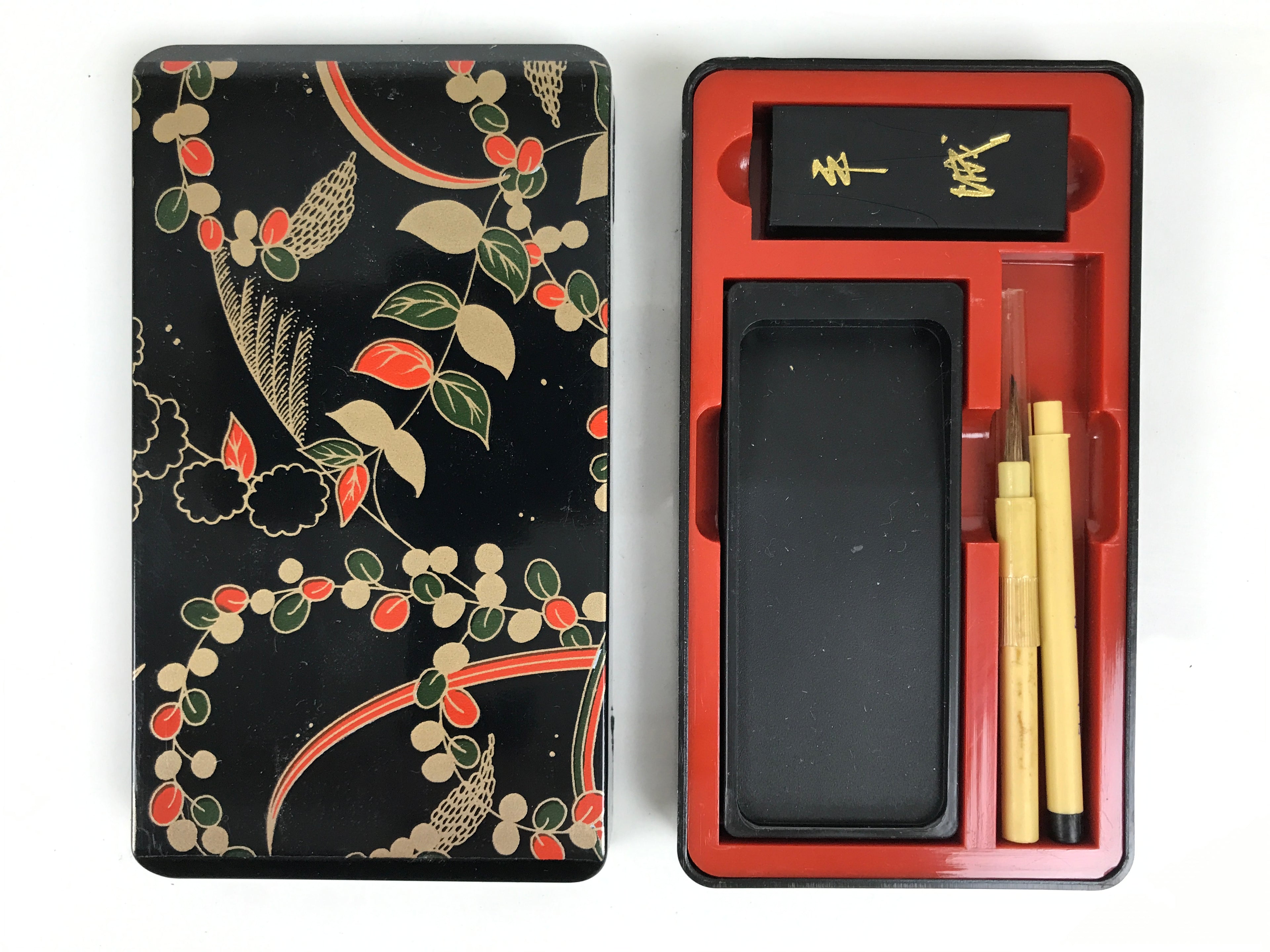 Japanese Calligraphy Set Boxed Vtg Suzuribako Inkstone Ink Stick Brush C50-AD - Calligraphy Tool-chidorivintage.com