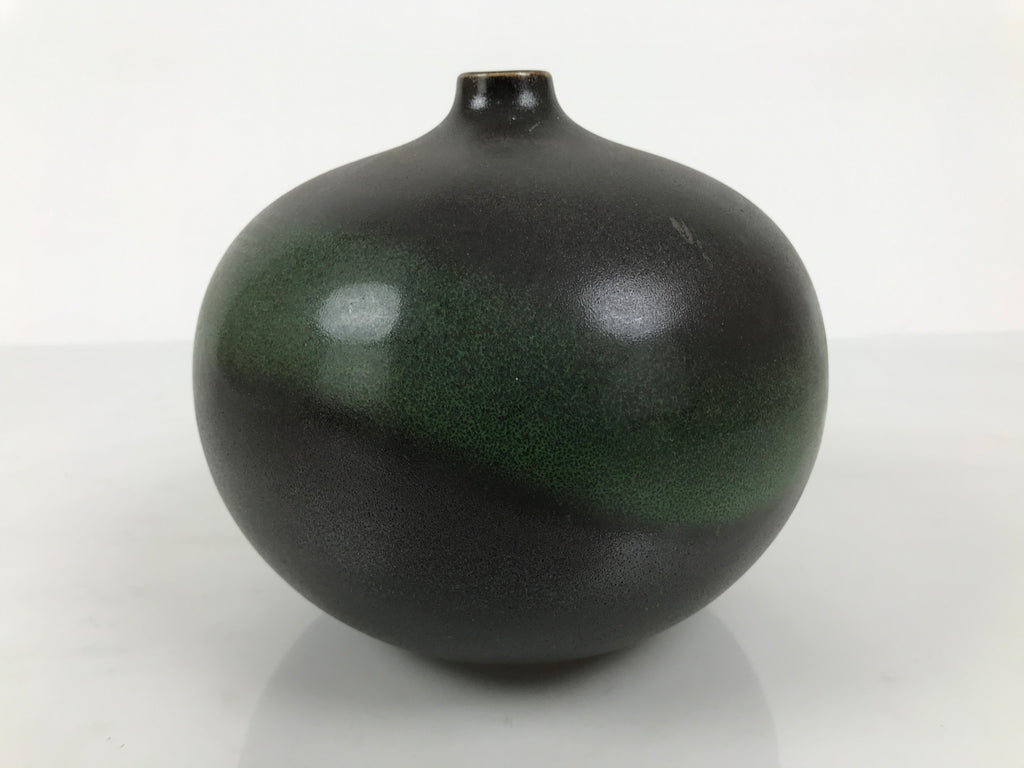 Japanese Ceramic Flower Vase Vtg Ikebana Kabin Round Ball Green Dark Brown FK241-KT - Vase-chidorivintage.com