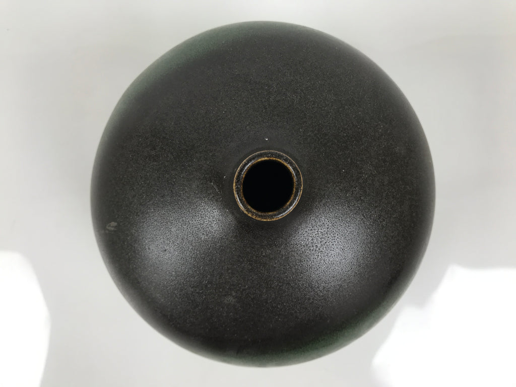 Japanese Ceramic Flower Vase Vtg Ikebana Kabin Round Ball Green Dark Brown FK241-KT - Vase-chidorivintage.com