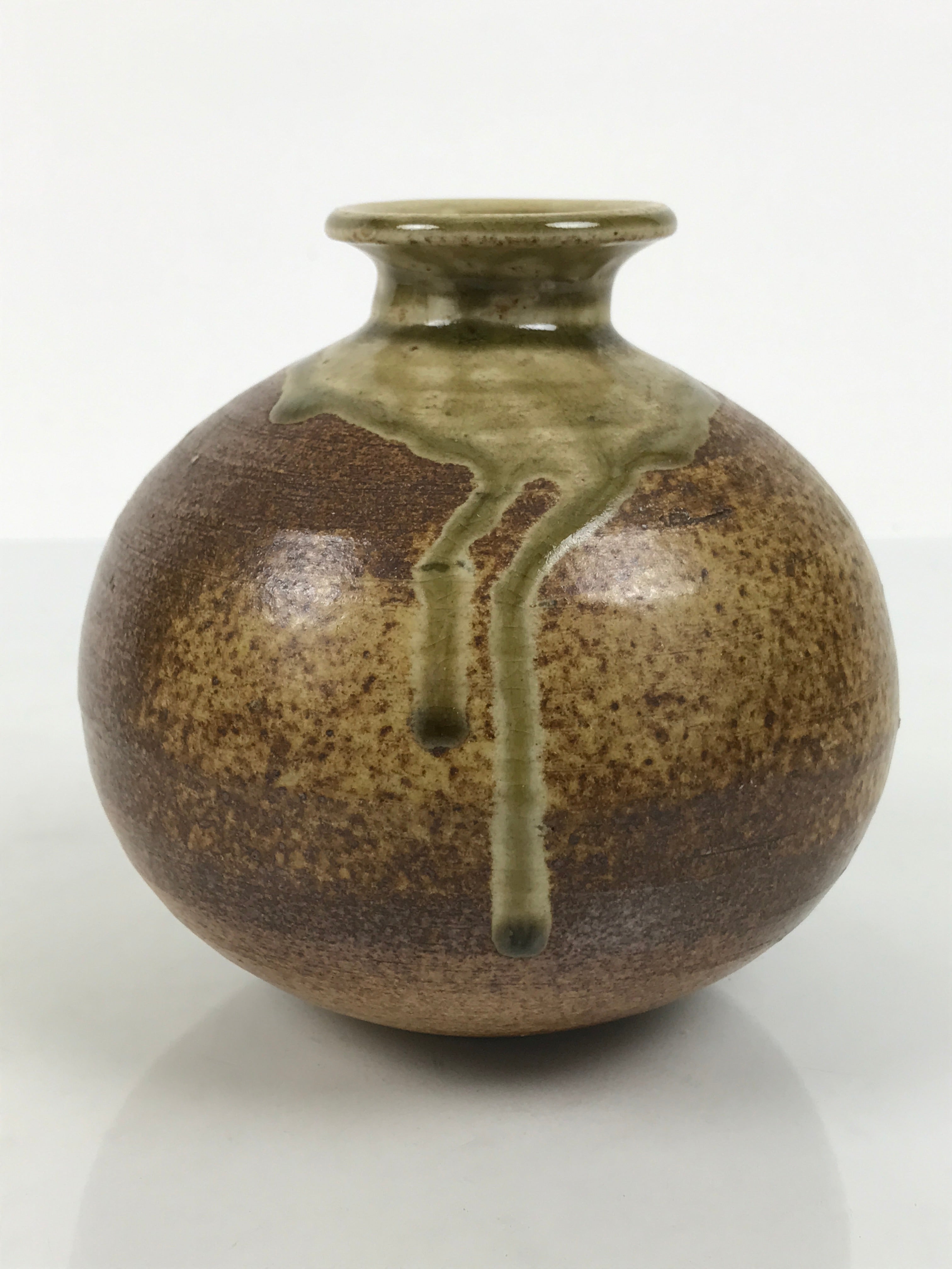 Japanese Ceramic Oribe Ware Flower Vase Vtg Ikebana Kabin Brown Round FK245-KT - Vase-chidorivintage.com
