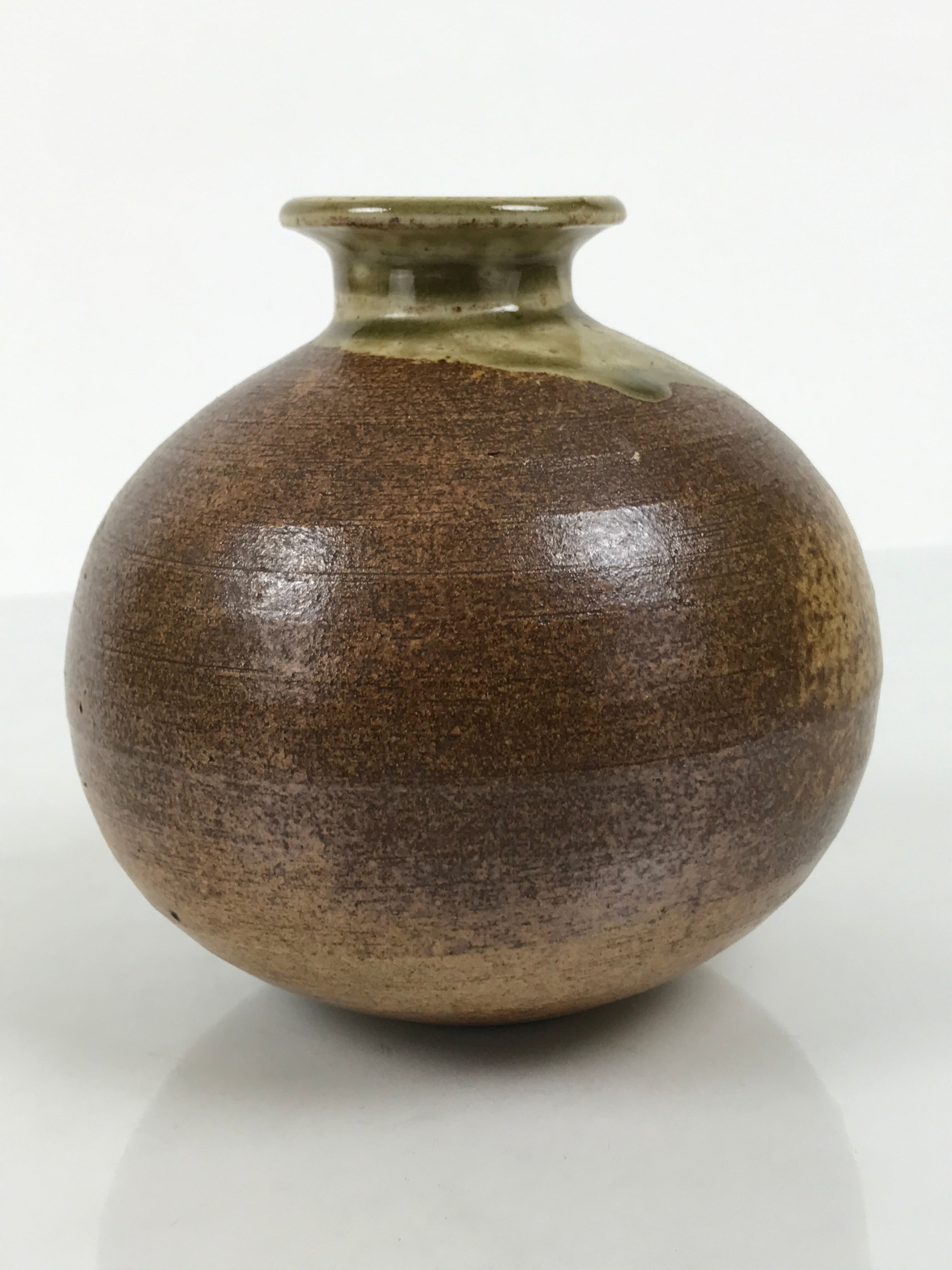 Japanese Ceramic Oribe Ware Flower Vase Vtg Ikebana Kabin Brown Round FK245-KT - Vase-chidorivintage.com