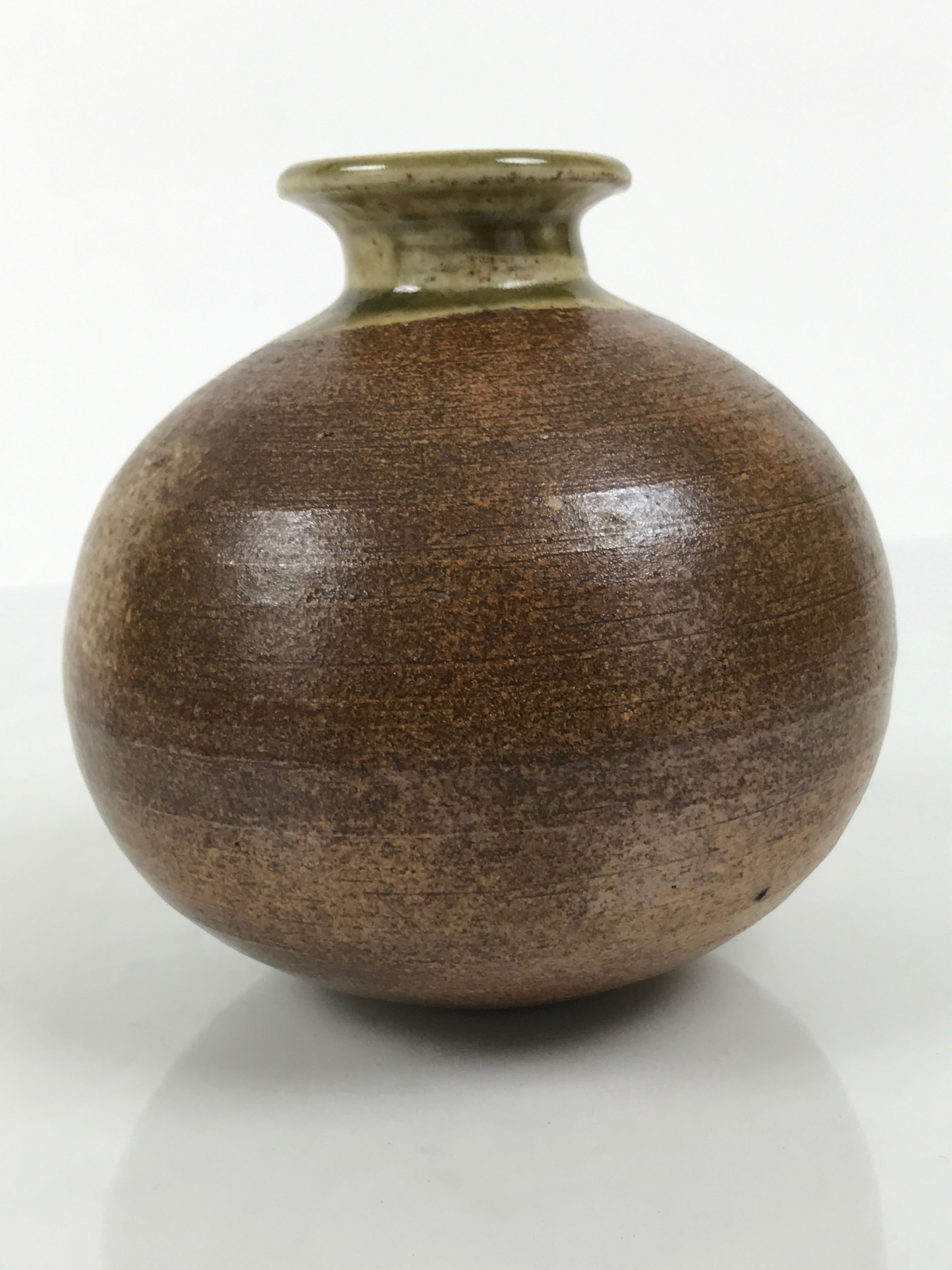 Japanese Ceramic Oribe Ware Flower Vase Vtg Ikebana Kabin Brown Round FK245-KT - Vase-chidorivintage.com