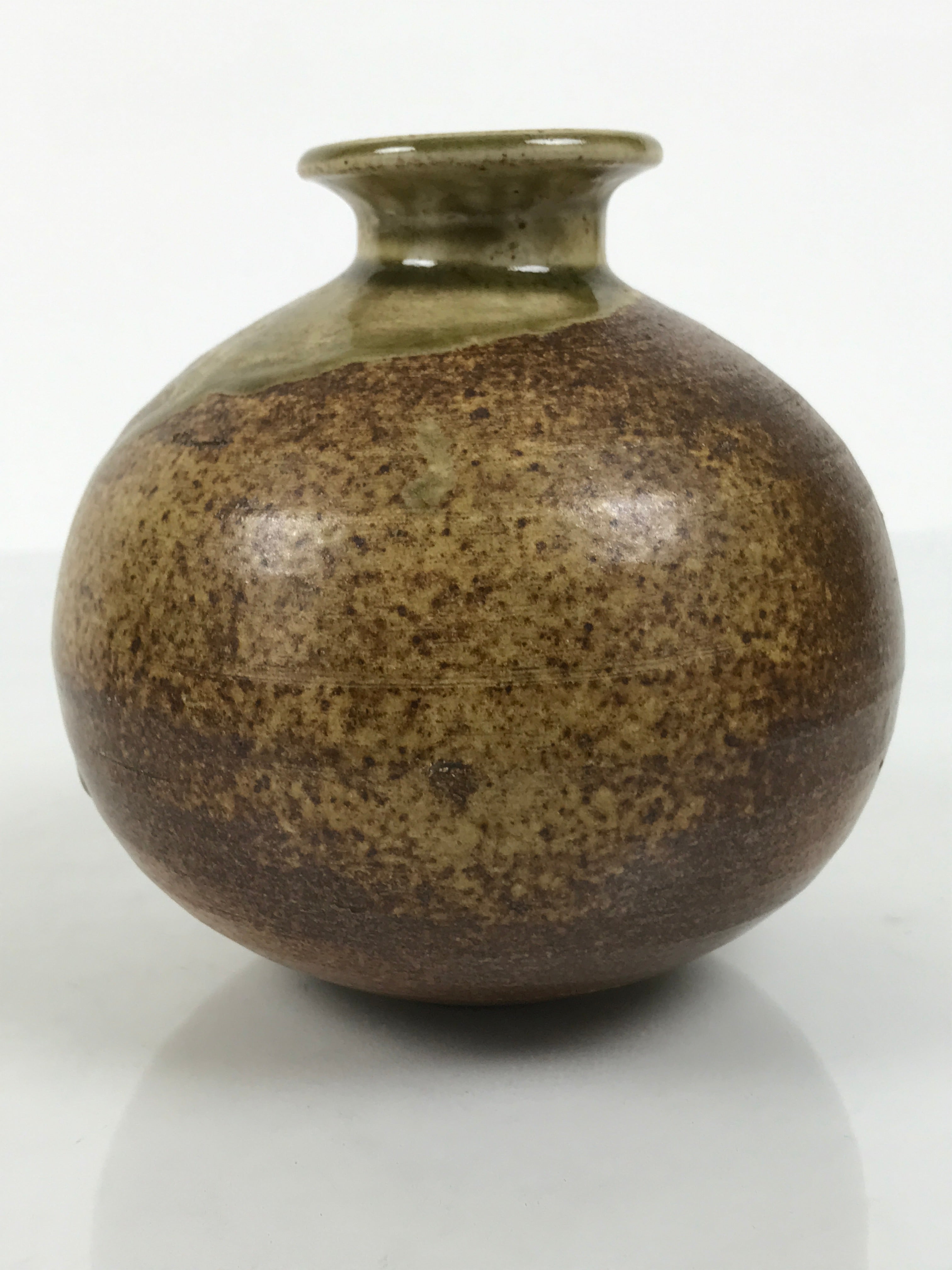 Japanese Ceramic Oribe Ware Flower Vase Vtg Ikebana Kabin Brown Round FK245-KT - Vase-chidorivintage.com