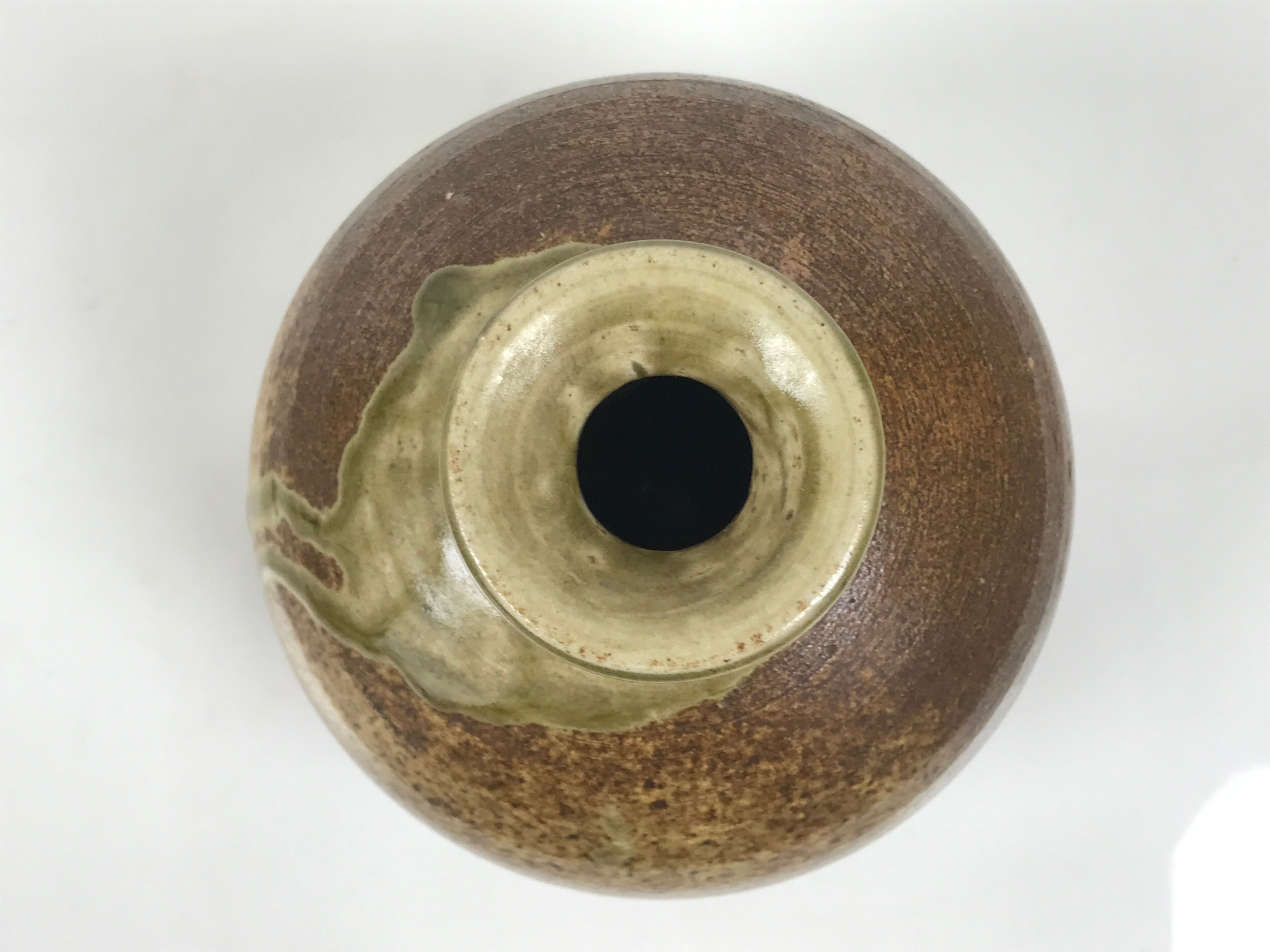 Japanese Ceramic Oribe Ware Flower Vase Vtg Ikebana Kabin Brown Round FK245-KT - Vase-chidorivintage.com