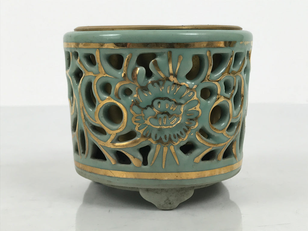 Japanese Buddhist Altar Porcelain Incense Burner Koro Vtg Celadon Blue BA934-OT - Buddhist-chidorivintage.com