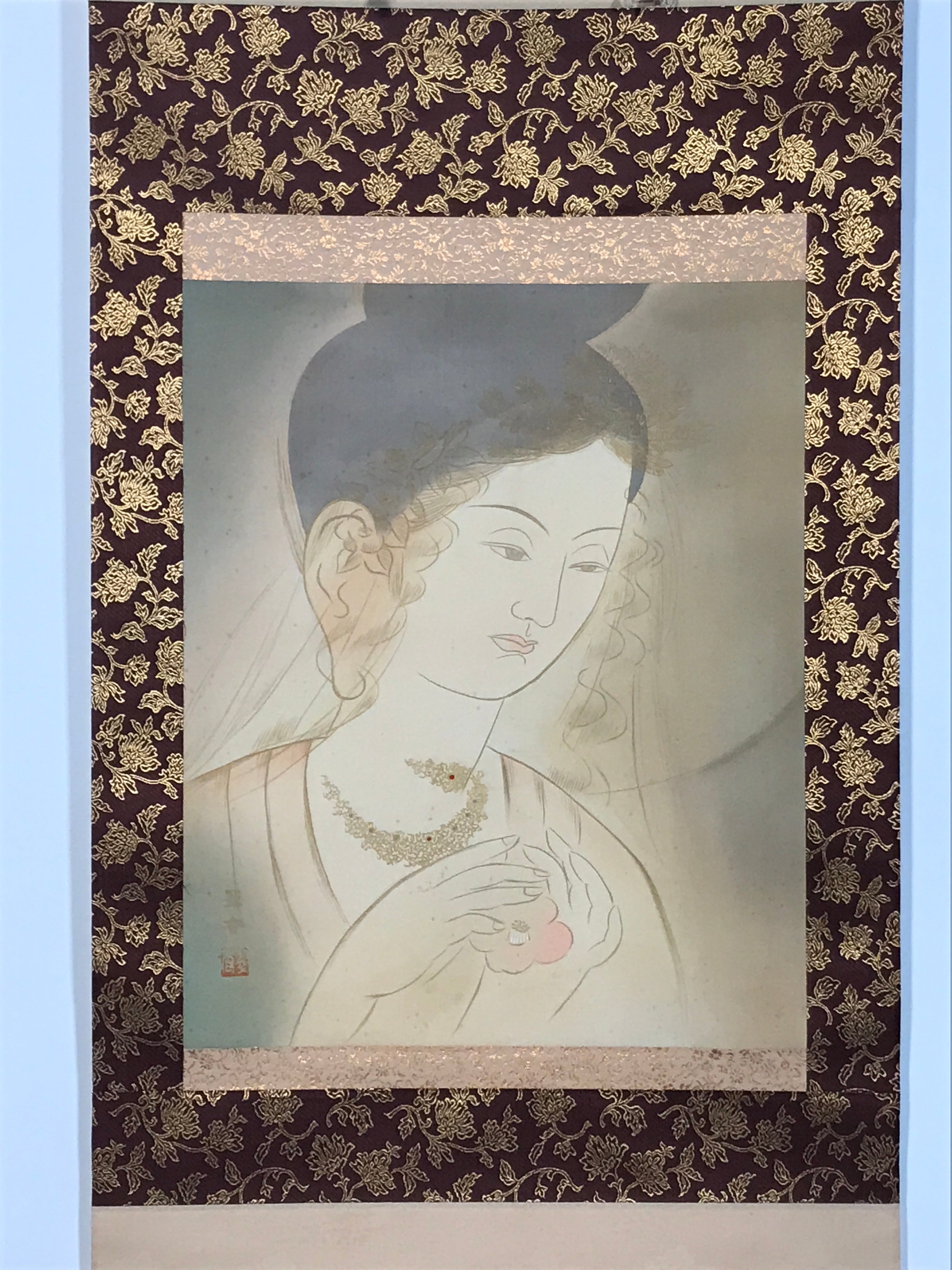 Japanese Hanging Scroll Kakejiku Vtg Buddhist Deity Portrait Kannon Color KJ200-AD - Scroll-chidorivintage.com