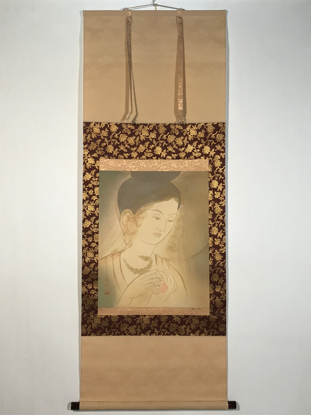 Japanese Hanging Scroll Kakejiku Vtg Buddhist Deity Portrait Kannon Color KJ200-AD - Scroll-chidorivintage.com