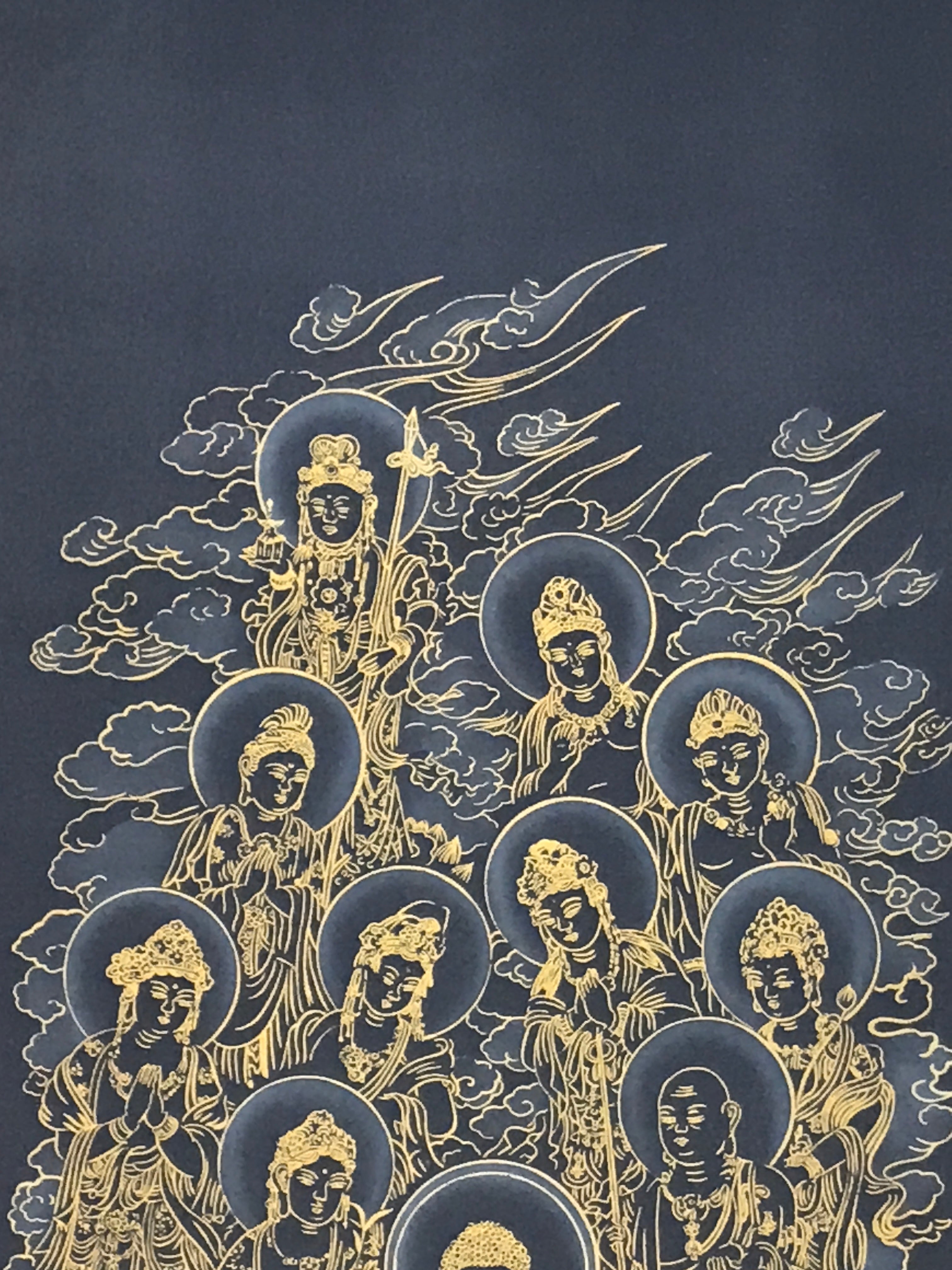 Japanese Hanging Scroll Kakejiku Vtg Thirteen Buddhas Buddhist Black Gold KJ201-AD - Scroll-chidorivintage.com