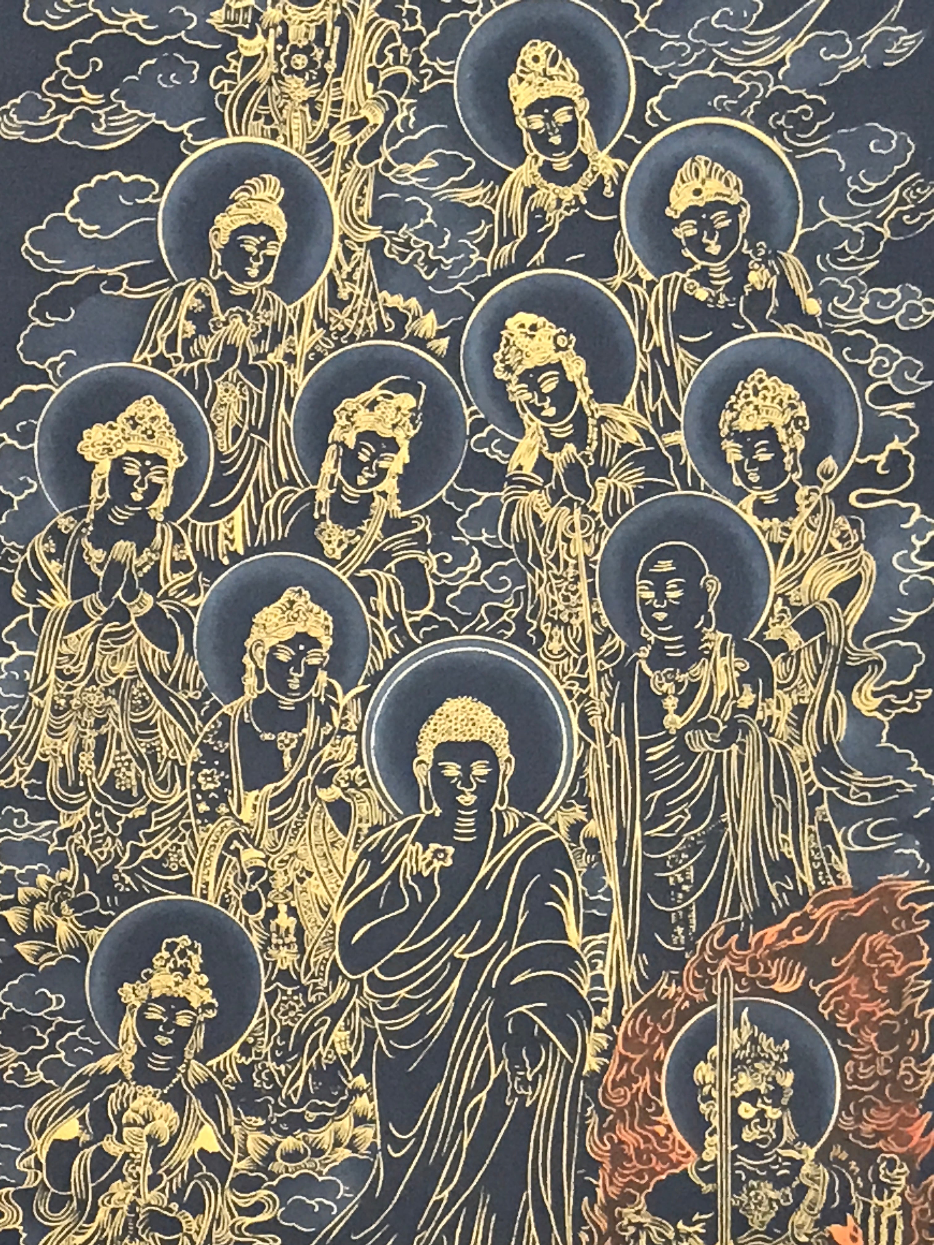Japanese Hanging Scroll Kakejiku Vtg Thirteen Buddhas Buddhist Black Gold KJ201-AD - Scroll-chidorivintage.com