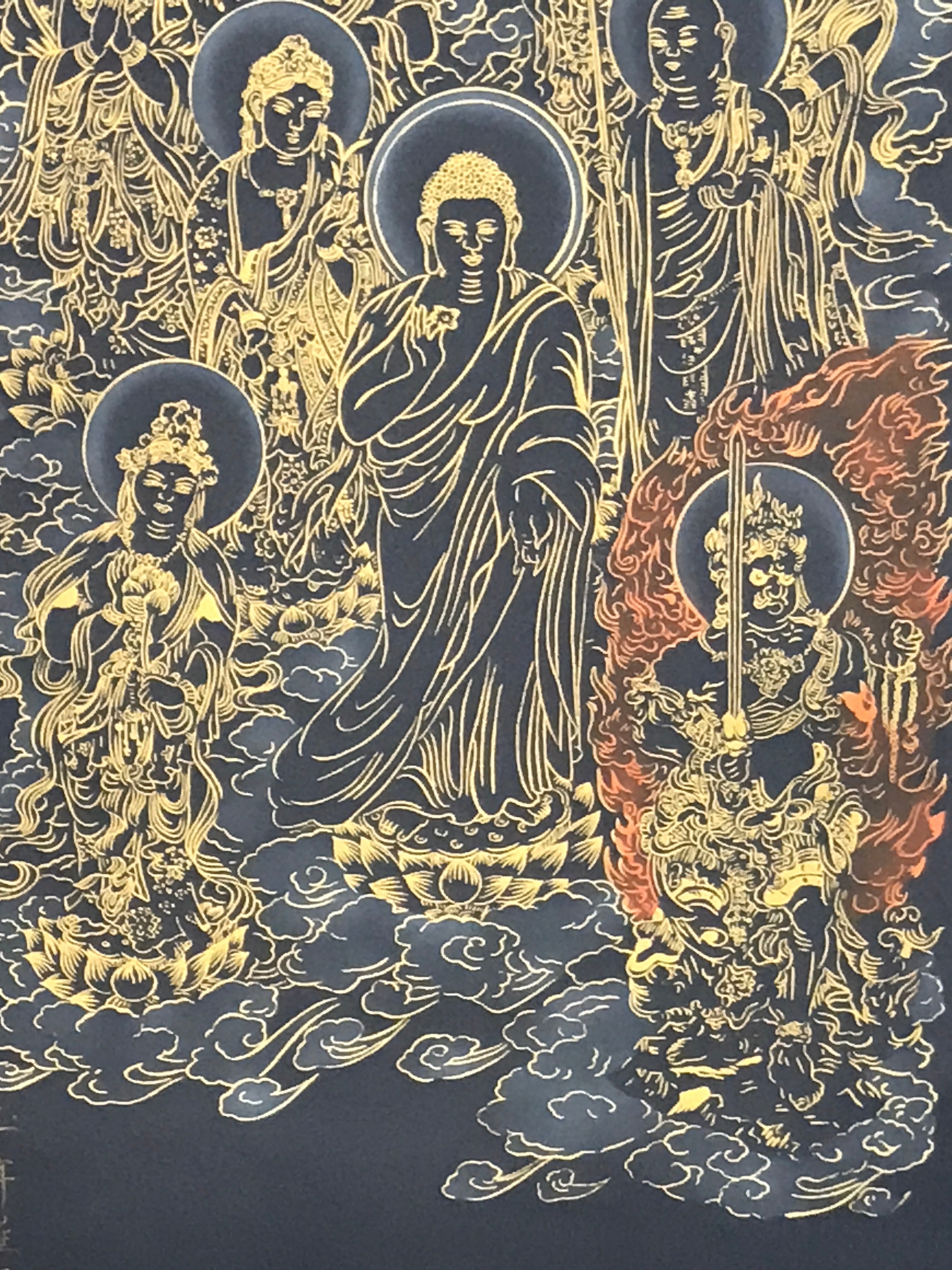 Japanese Hanging Scroll Kakejiku Vtg Thirteen Buddhas Buddhist Black Gold KJ201-AD - Scroll-chidorivintage.com