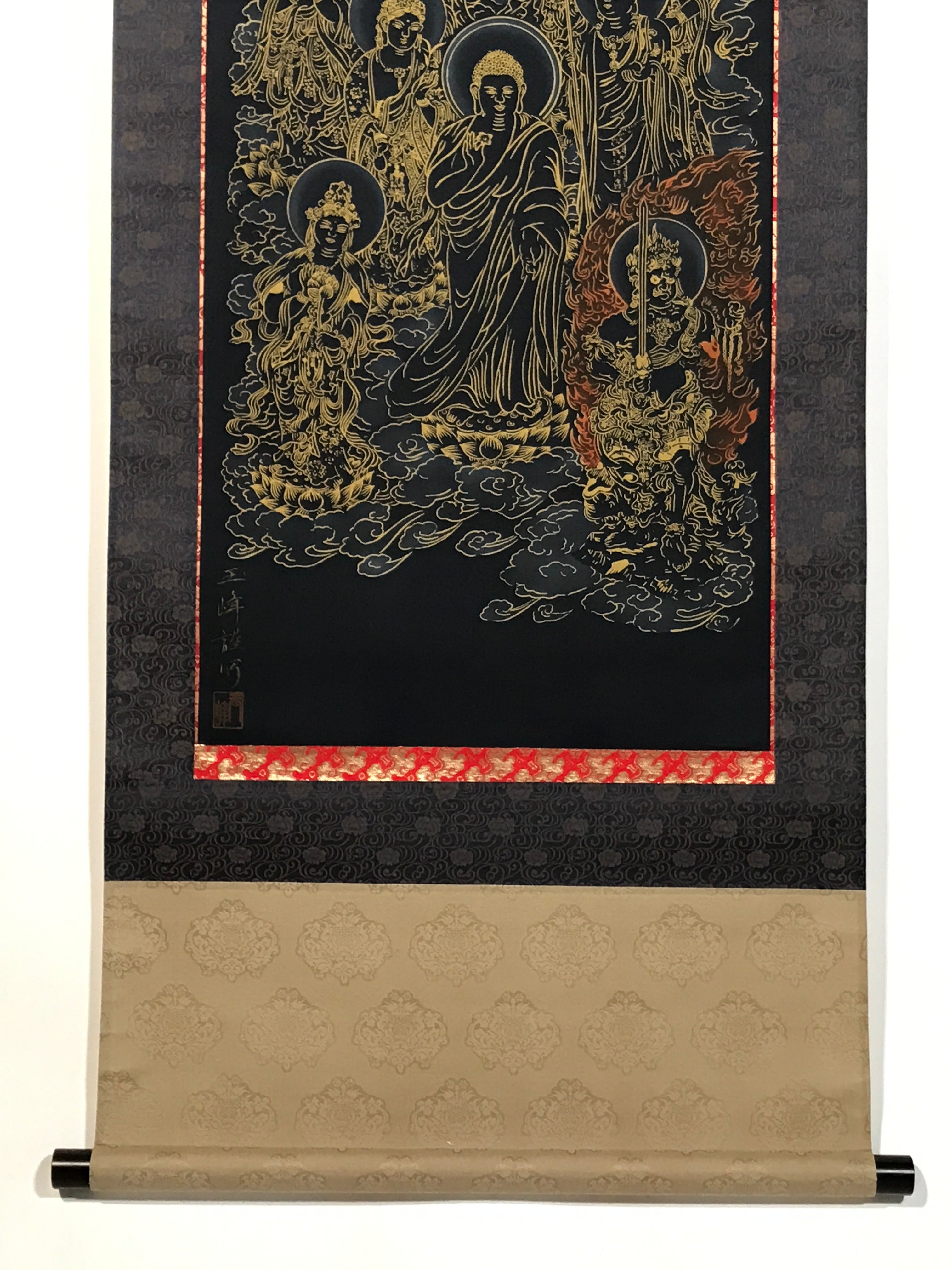 Japanese Hanging Scroll Kakejiku Vtg Thirteen Buddhas Buddhist Black Gold KJ201-AD - Scroll-chidorivintage.com