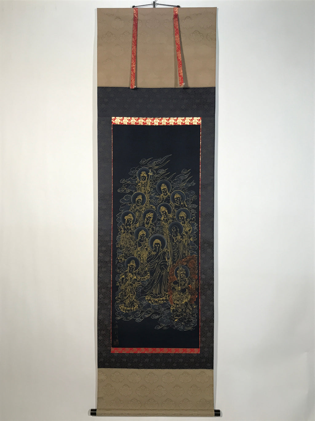 Japanese Hanging Scroll Kakejiku Vtg Thirteen Buddhas Buddhist Black Gold KJ201-AD - Scroll-chidorivintage.com