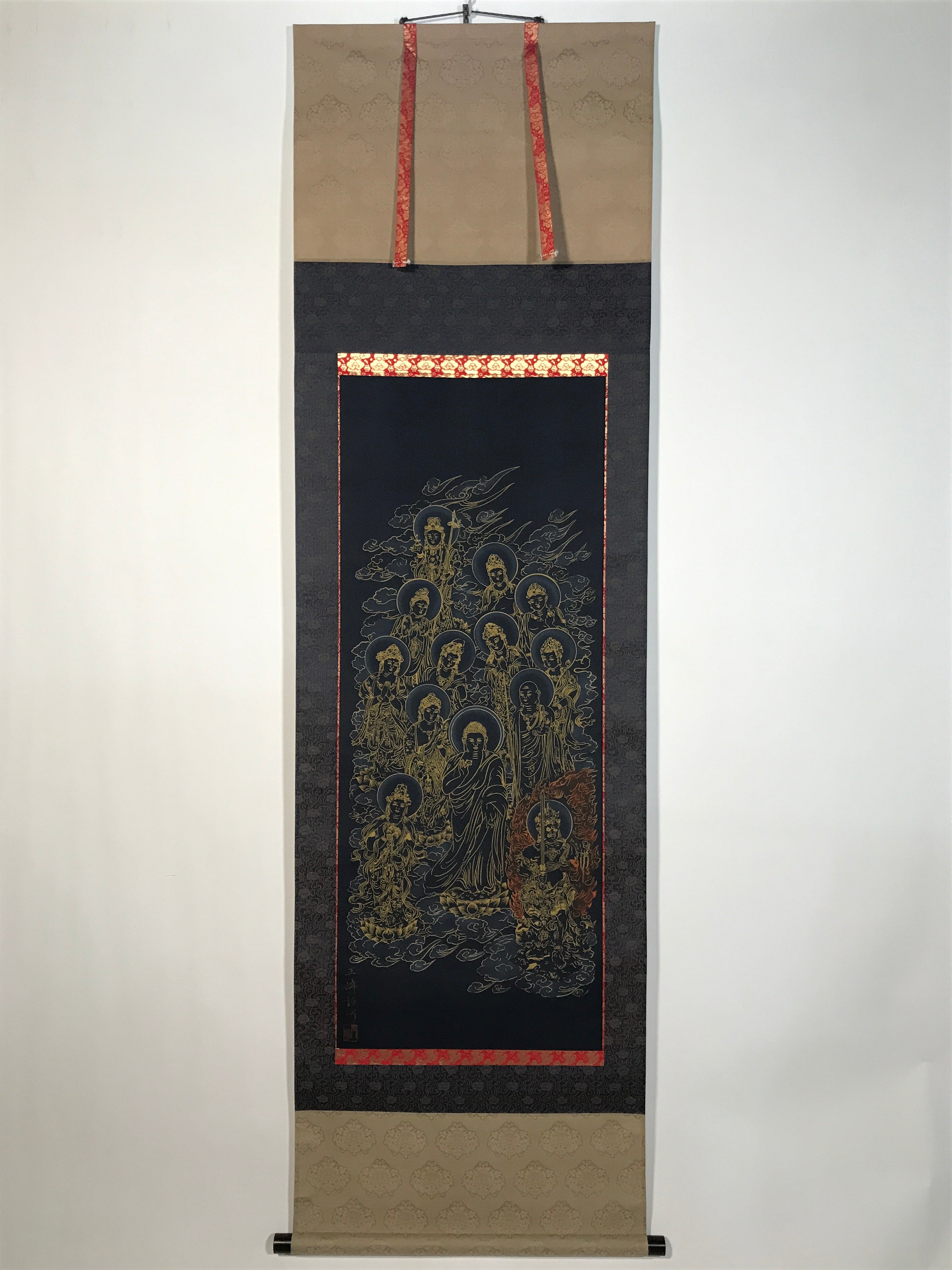 Japanese Hanging Scroll Kakejiku Vtg Thirteen Buddhas Buddhist Black Gold KJ201-AD - Scroll-chidorivintage.com