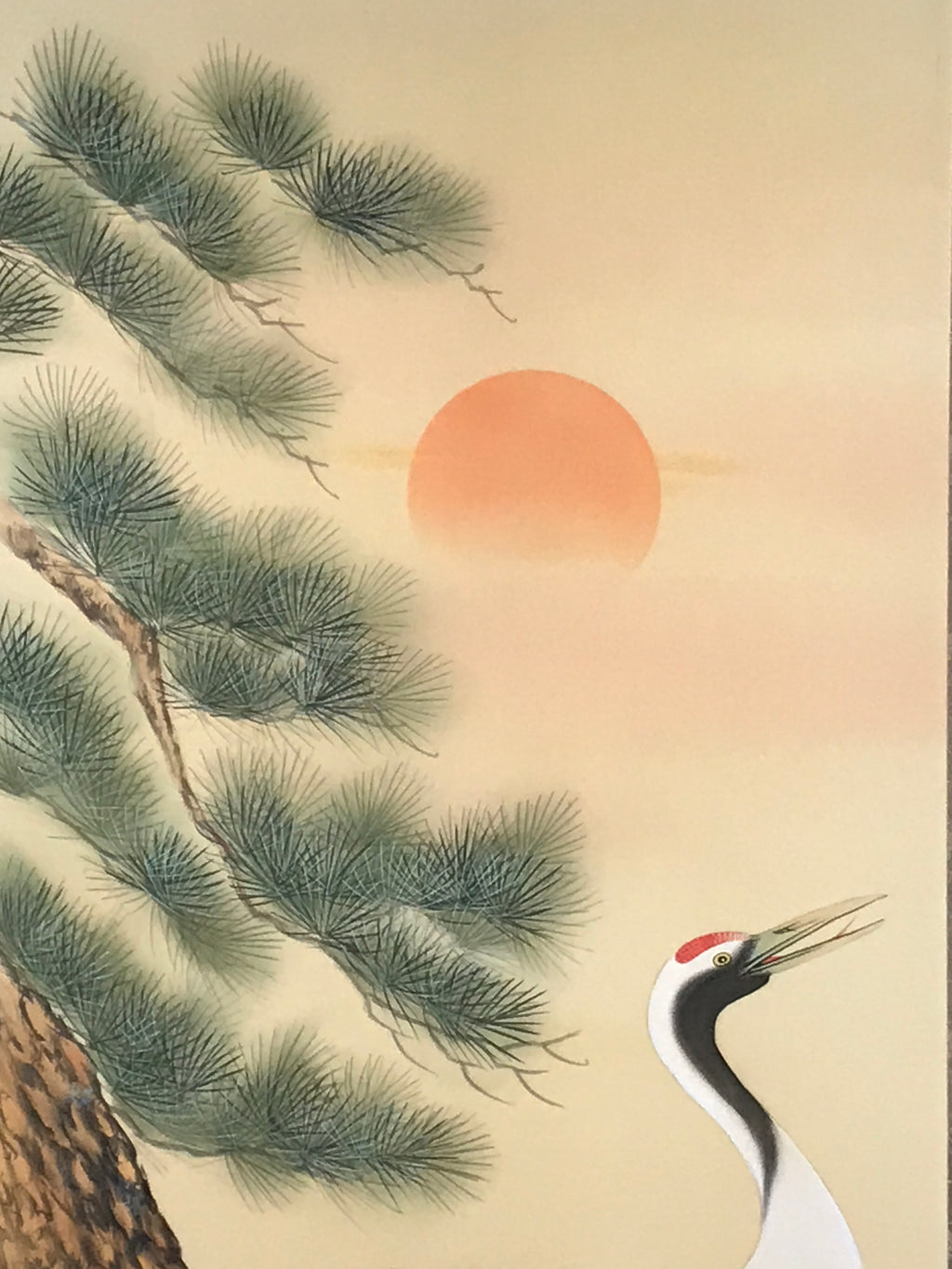 Japanese Hanging Scroll Kakejiku Vtg Two Cranes Pine Tree Red Sun Color KJ202-AD - Scroll-chidorivintage.com