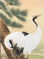 Japanese Hanging Scroll Kakejiku Vtg Two Cranes Pine Tree Red Sun Color KJ202-AD - Scroll-chidorivintage.com