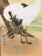 Japanese Hanging Scroll Kakejiku Vtg Two Cranes Pine Tree Red Sun Color KJ202-AD - Scroll-chidorivintage.com