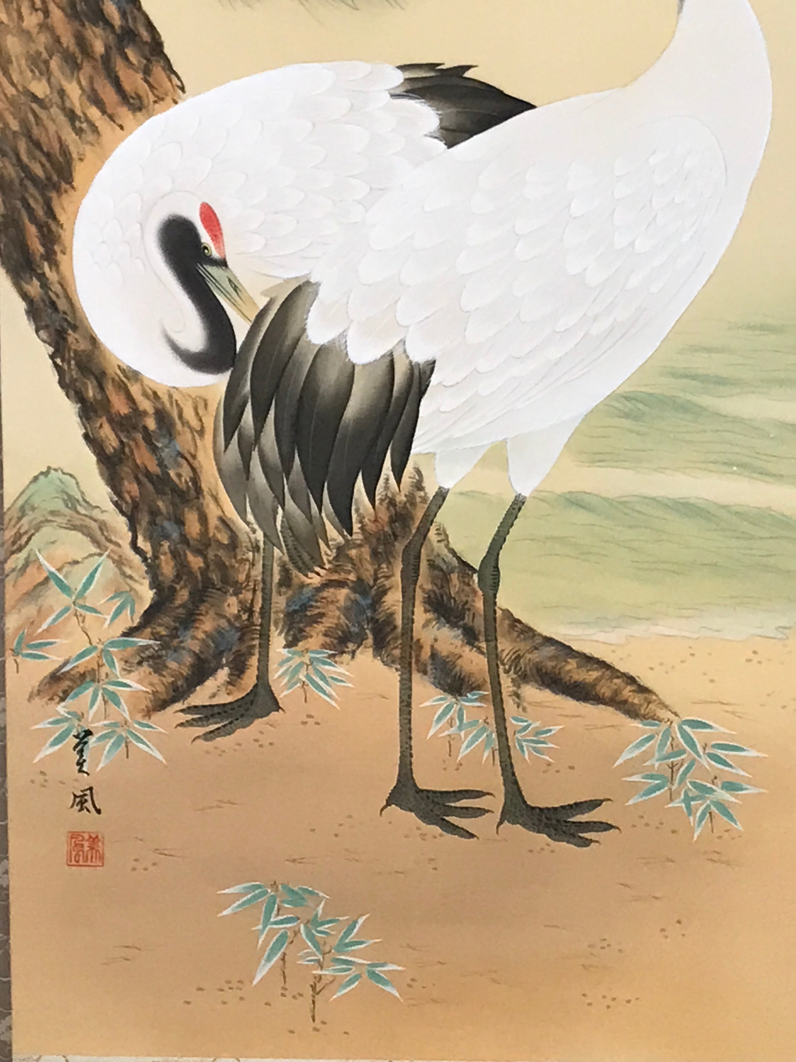 Japanese Hanging Scroll Kakejiku Vtg Two Cranes Pine Tree Red Sun Color KJ202-AD - Scroll-chidorivintage.com