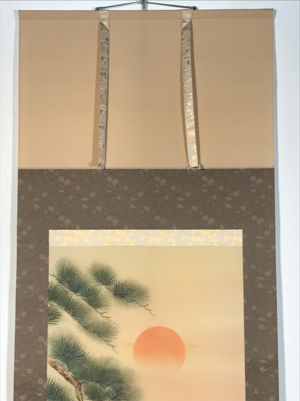 Japanese Hanging Scroll Kakejiku Vtg Two Cranes Pine Tree Red Sun Color KJ202-AD - Scroll-chidorivintage.com