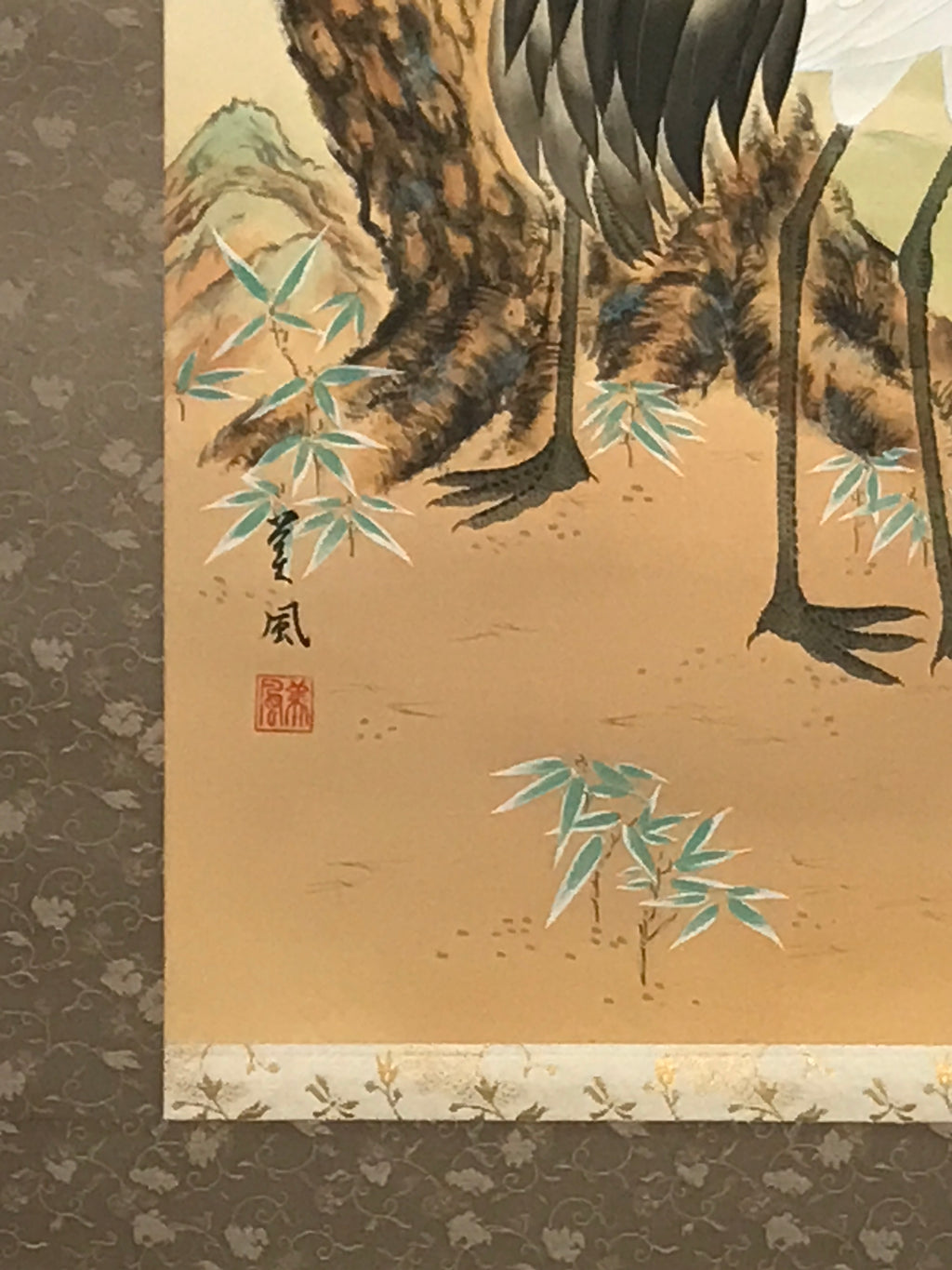 Japanese Hanging Scroll Kakejiku Vtg Two Cranes Pine Tree Red Sun Color KJ202-AD - Scroll-chidorivintage.com
