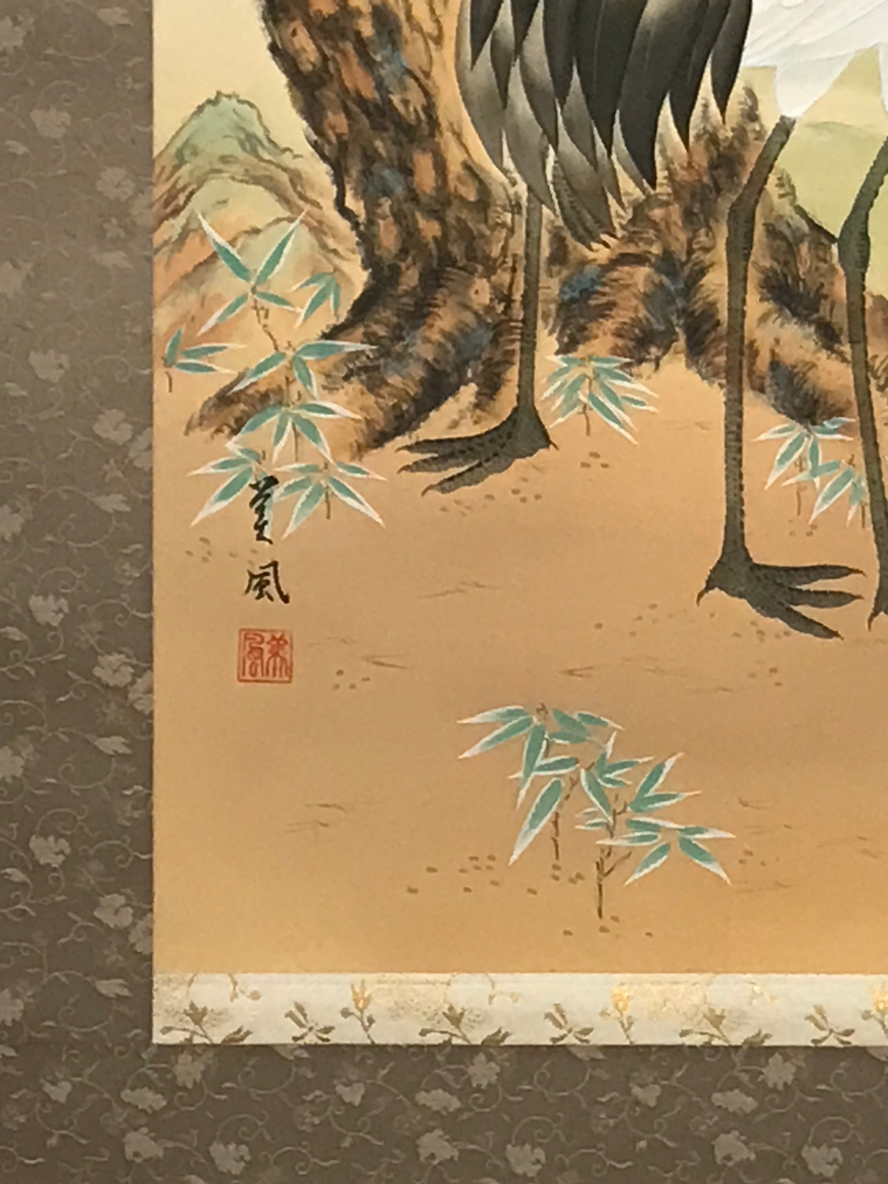 Japanese Hanging Scroll Kakejiku Vtg Two Cranes Pine Tree Red Sun Color KJ202-AD - Scroll-chidorivintage.com