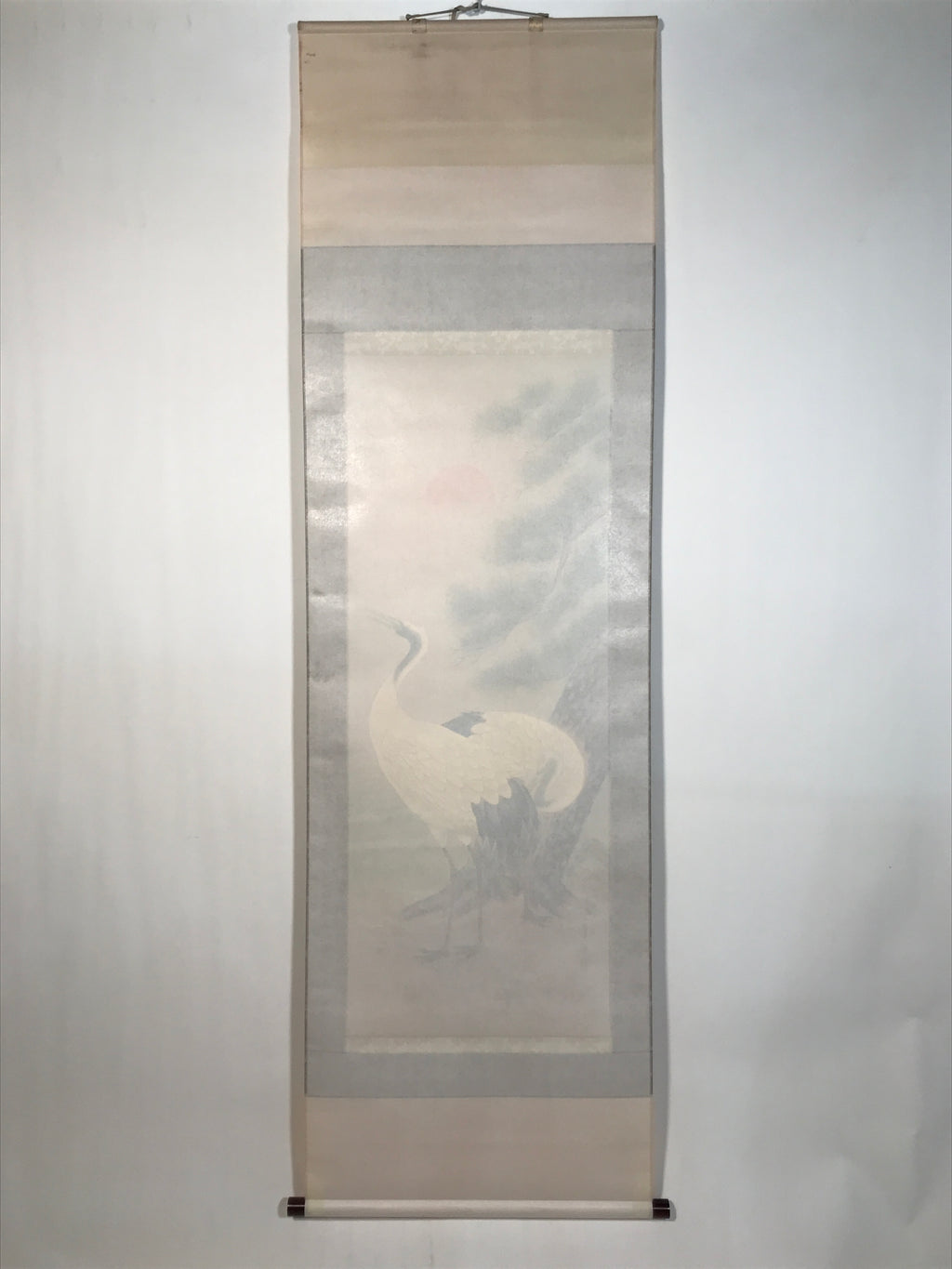 Japanese Hanging Scroll Kakejiku Vtg Two Cranes Pine Tree Red Sun Color KJ202-AD - Scroll-chidorivintage.com