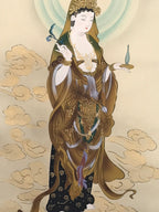 Japanese Hanging Scroll Kakejiku Vtg Kannon Above Clouds Buddhist Portrait KJ203-AD - Scroll-chidorivintage.com