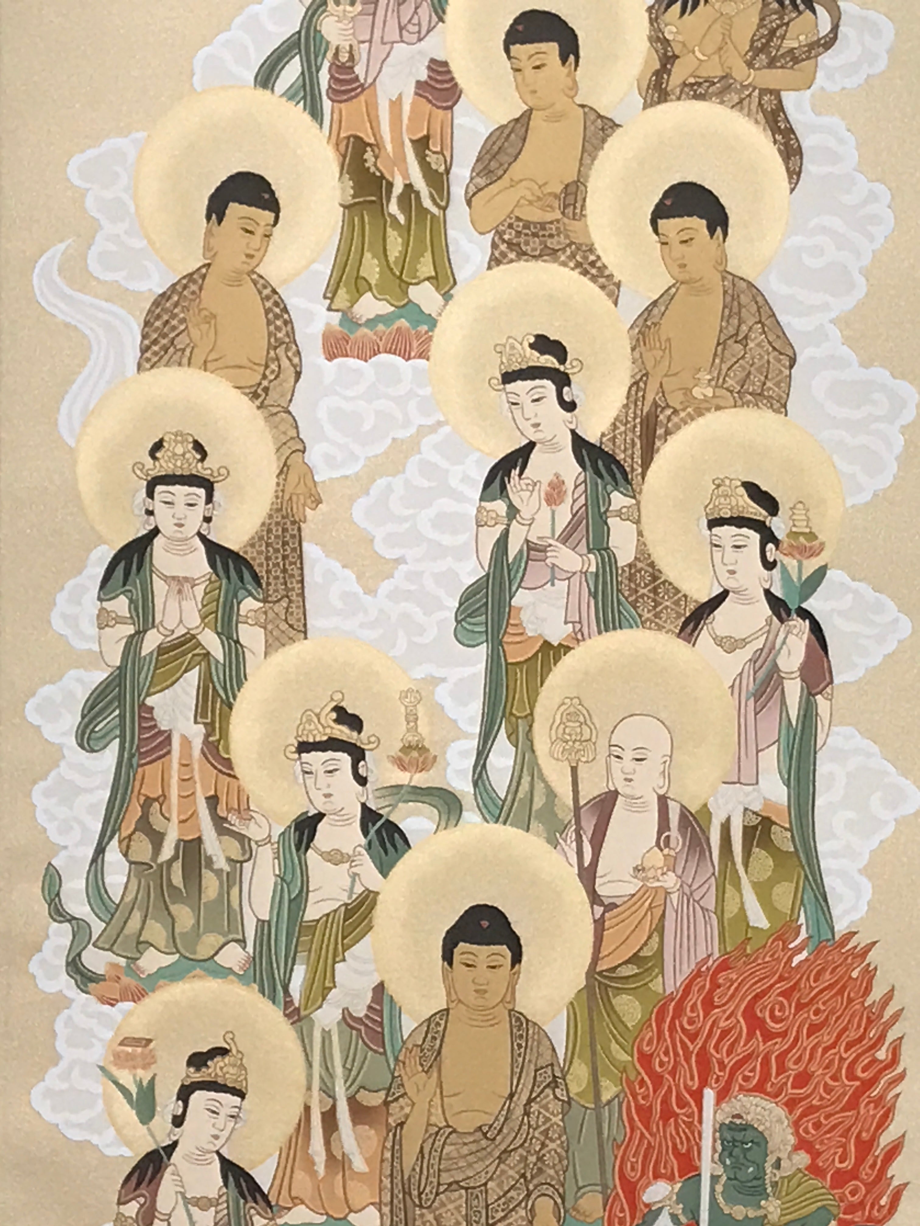Japanese Hanging Scroll Kakejiku Vtg Thirteen Buddhas Buddhist Color Gold KJ204-AD - Scroll-chidorivintage.com