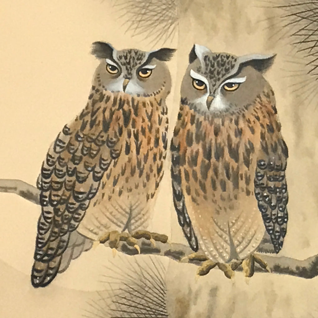Japanese Hanging Scroll Kakejiku Vtg Two Owls Pine Tree Moonlight Color KJ206-AD - Scroll-chidorivintage.com